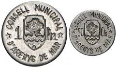 Arenys de Mar. 50 céntimos y 1 peseta. (Cal. 3). 2 monedas, serie completa. MBC+/EBC.