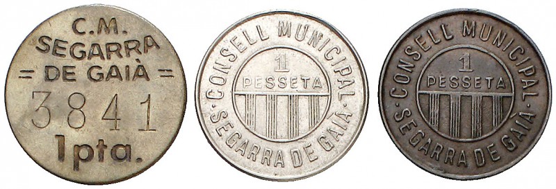 Segarra de Gaià. 1 peseta. (Cal. 18). 3 monedas, serie completa. MBC/MBC+.