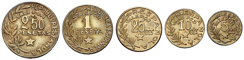 Menorca. 5, 10, 25 céntimos , 1 y 2,50 pesetas. (Cal. 12). 5 monedas, serie comp...