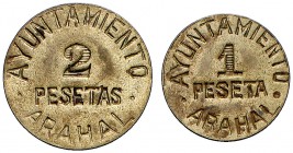 Arahal (Sevilla). 1 y 2 pesetas. (Cal. 2, serie completa). 2 monedas. EBC-.