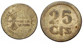 Puebla de Cazalla (Sevilla). 10 y 25 céntimos. (Cal. 15). 2 monedas, serie completa. Rayitas. Raras. BC+/MBC-.