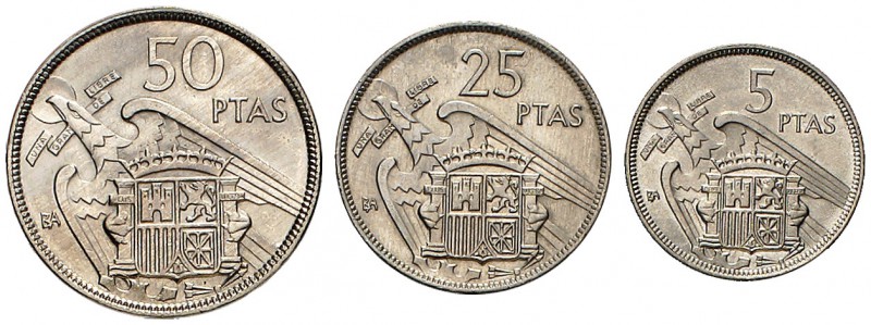 1957. Estado Español. BA (Barcelona). 5, 25 y 50 pesetas. (Cal. 139). I Exposici...