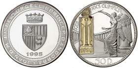 1995. Andorra. 50 diners. (Kr. 115). 156,54 g. AG/AU. XXVI Olimpiada - Atlanta 1996. En estuche original, con certificado. Acuñación de 5000 ejemplare...