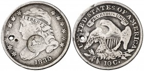 (1849-1857). Costa Rica. (Kr. falta). 2,52 g. AG. Resello León (De Mey 475) sobre 10 centavos de Estados Unidos 1835. Perforación. Muy rara. (MBC-).