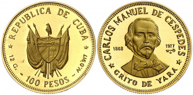 1977. Cuba. 100 pesos. (Fr. 8) (Kr. 43). 12,04 g. AU. En estuche original con ce...