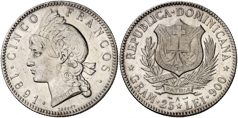 1891. República Dominicana. A (París). 5 francos. (Kr. 12). 25 g. AG. MBC+/EBC-....