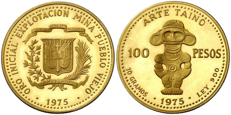1975. República Dominicana. 100 pesos. (Fr.3)(Kr.39) 9,97 g. AU. Arte taíno. S/C...