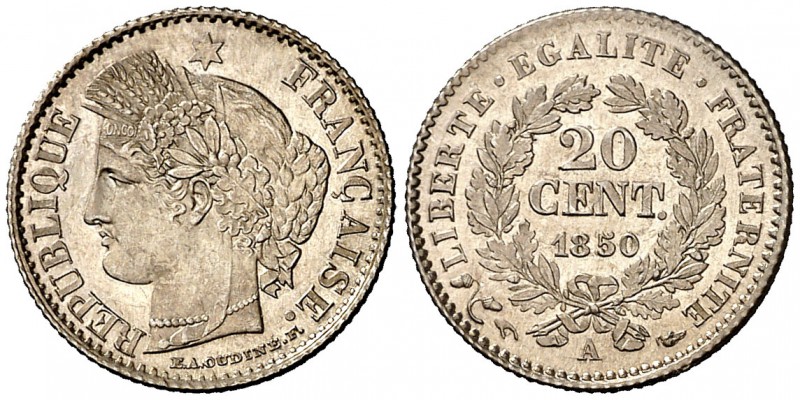 1850. Francia. A (París). 20 céntimos. (Kr. 769.1). 0,99 g. AG. Muy bella. Brill...