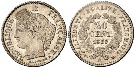 1850. Francia. A (París). 20 céntimos. (Kr. 769.1). 0,99 g. AG. Muy bella. Brillo original. Rara así. S/C.