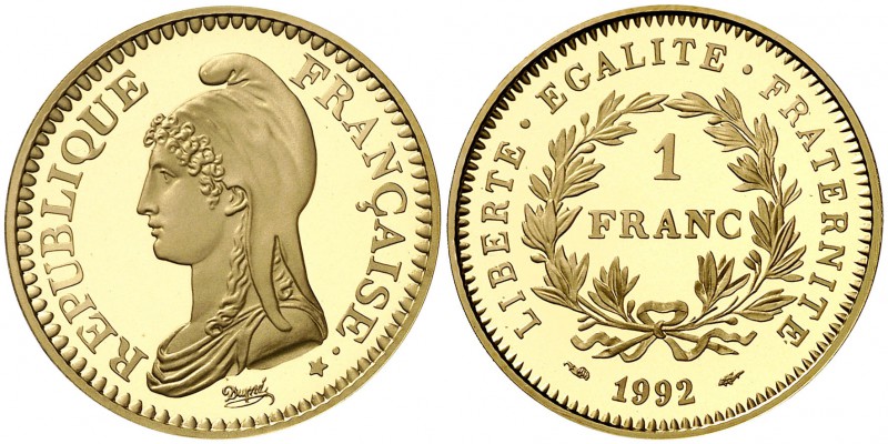 1992. Francia. Monnaie de París. 1 franco. (Fr. 633) (Kr. 1004.1a). 9 g. AU. Bic...
