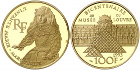 1993. Francia. Monnaie de París. 100 francos. (Fr. 644) (Kr. 1021a). 17 g. AU. Bicentenario del Louvre-Infanta Margarita, de Velázquez. Acuñación de 5...