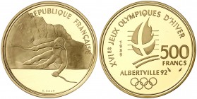 1989. Francia. Monnaie de París. 500 francos. (Fr. 612) (Kr. 973). 17 g. AU. XVI Juegos olimpicos de invierno Albertville'92. Esqui de descenso. En es...