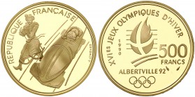1990. Francia. Monnaie de París. 500 francos. (Fr. 615) (Kr. 986). 17 g. AU. XVI Juegos Olímpicos de Invierno Albertville'92. Bobs (2 plazas) y trineo...