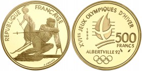 1990. Francia. Monnaie de París. 500 francos. (Fr. 617) (Kr. 988). 17 g. AU. XVI Juegos Olímpicos de Invierno Albertville'92. Esquí slalom. "Belle epo...