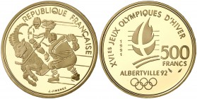 1991. Francia. Monnaie de París. 500 francos. (Fr. 618) (Kr. 997). 17 g. AU. XVI Juegos Olímpicos de Invierno Albertville'92. Jugadores de hockey y ca...