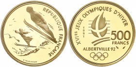 1991. Francia. Monnaie de París. 500 francos. (Fr. 620) (Kr. 999). 17 g. AU. XVI Juegos Olímpicos de Invierno Albertville'92. Salto de esquí, "Belle e...