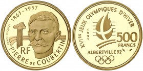 1991. Francia. Monnaie de París. 500 francos. (Fr. 621) (Kr. 1000). 17 g. AU. XVI Juegos Olímpicos de Invierno Albertville'92. Pierre de Coubertin. En...