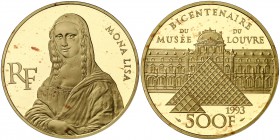 1993. Francia. Monnaie de París. 500 francos. (Fr. 634) (Kr. 1024). 31,104 g. AU. Bicentenario del Louvre-Mona Lisa. Acuñación de 5000 ejemplares. En ...