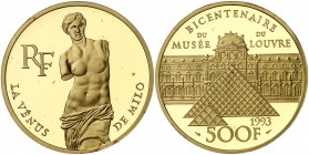 1993. Francia. Monnaie de París. 500 francos. (Fr. 635) (Kr. 1025.1). 31,104 g. AU. Bicentenario del Louvre-Venus de Milo. Acuñación de 5000 ejemplare...