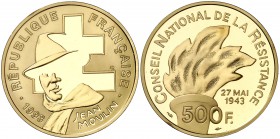 1993. Francia. Monnaie de París. 500 francos. (Fr. 645) (Kr. 1028). 17 g. AU. Jean Moulin. Héroe de la resistencia francesa. Acuñación de 5000 ejempla...