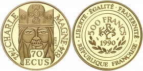 1990. Francia. Monnaie de París. 500 francos (70 ecus). (Fr. 622) (Kr. 990). 17 g. AU. Carlomagno. Acuñación de 5000 ejemplares. En estuche original c...