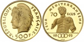 1993. Francia. Monnaie de París. 500 francos (70 ecus). (Fr. 625b) (Kr. 1033). 17 g. AU. Juegos mediterraneos-Efebo de Agde. Acuñación de 3000 ejempla...