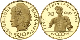 1993. Francia. Monnaie de París. 500 francos (70 ecus). (Fr. 625b) (Kr. 1033). 17 g. AU. Juegos mediterraneos-Efebo de Agde. Acuñación de 3000 ejempla...