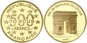 1993. Francia. Monnaie de París. 500 francos (70 ecus). (Fr. 624b) (Kr. 1034). 17 g. AU. Arco del triunfo. Acuñación de 5000 ejemplares. En estuche or...