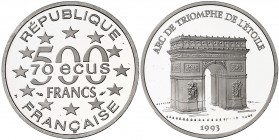 1993. Francia. Monnaie de París. 500 francos (70 ecus). (Fr. 624c) (Kr. 1034a). 20 g. PLATINO. Arco de triunfo. Acuñación de 2000 ejemplares. Proof....