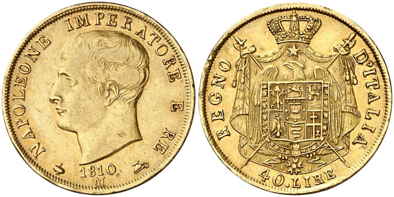 1810. Italia. Napoleón. M (Milán). 40 liras. (Fr. 5) (Kr. 12). 12,85 g. AU. MBC/...