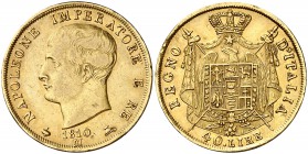 1810. Italia. Napoleón. M (Milán). 40 liras. (Fr. 5) (Kr. 12). 12,85 g. AU. MBC/MBC+.