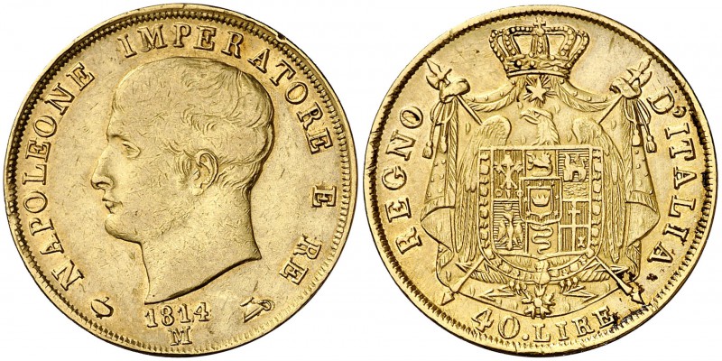 1814. Italia. Napoleón. M (Milán). 40 liras. (Fr. 5). 12,86 g. AU. Golpecitos. M...