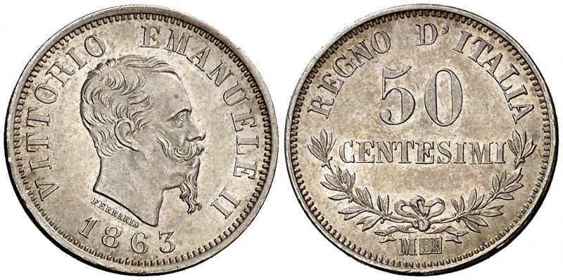 1863. Italia. Víctor Manuel II. 50 céntimos. (Kr. 14.1). 2,51 g. AG. Bella. Bril...