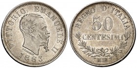 1863. Italia. Víctor Manuel II. 50 céntimos. (Kr. 14.1). 2,51 g. AG. Bella. Brillo original. S/C-.