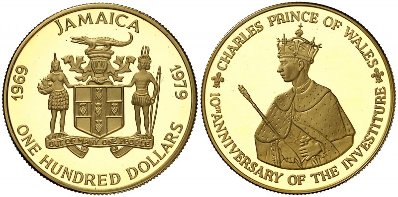 1979. Jamaica. Isabel II. 100 dólares. (Fr. 12) (Kr. 82). 11,34 g. AU. 10º Anive...