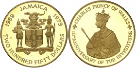 1979. Jamaica. Isabel II. 250 dólares. (Fr. 11) (Kr. 83). 43,22 g. AU. 10 Aniversario de la investidura del Principe Carlos. Acuñación de 1650 ejempla...