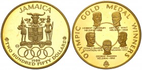1980. Jamaica. Isabel II. 250 dólares. (Fr. 13) (Kr. 89). 11,34 g. AU. Medallistas olímpicos. En estuche oficial con certificado. Proof.