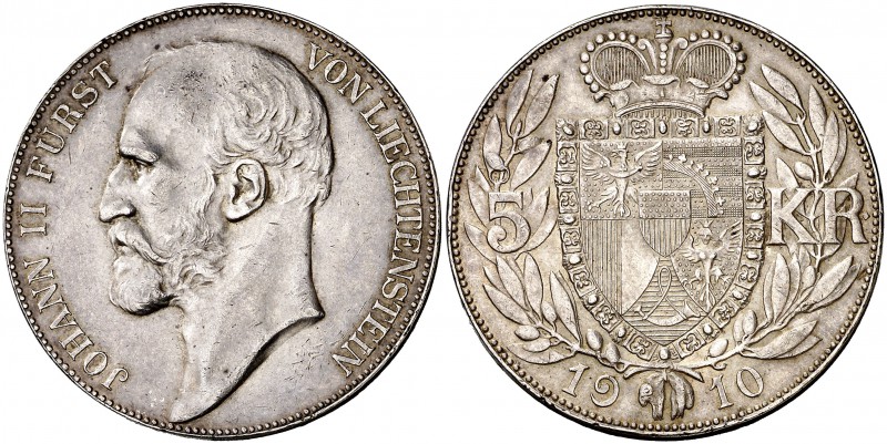 1910. Liechtenstein. Príncipe Juan II. 5 coronas. (Kr. 4). 24 g. AG. Golpecito c...