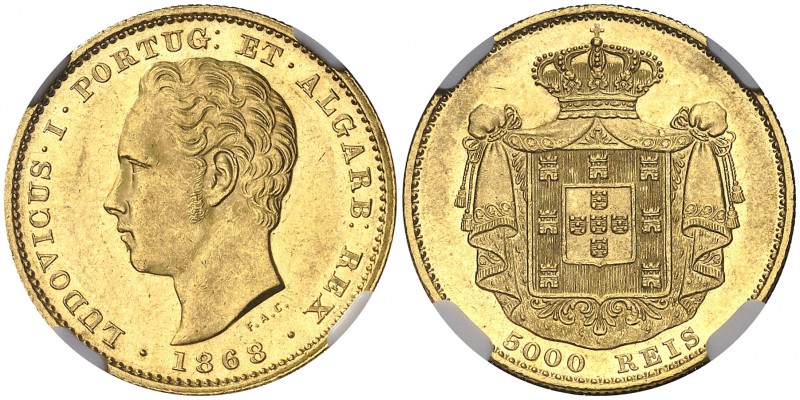 1868. Portugal. Luis I. 5000 reis. (Fr. 153) (Gomes 16.02). AU. En cápsula de la...