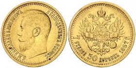 1897. Rusia. Nicolás II. 7,50 rublos. (Fr. 178). 6,42 g. AU. Escasa. MBC.