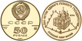 1989. Rusia. 50 rublos. (Fr. 199) (Kr. 225). 8,72 g. AU. Catedral de la Ascensión. Proof.