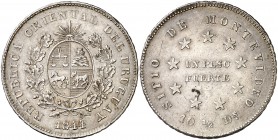 1844. Uruguay. 1 peso. (Kr. 5). 26,75 g. AG. "SITIO DE MONTEVIDEO". Acuñación de 1500 ejemplares. Rara. EBC-.