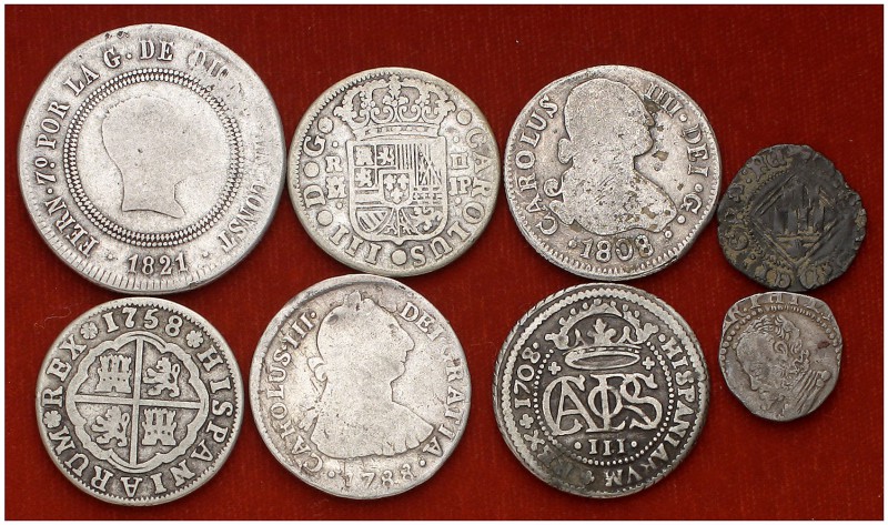 1 blanca, 1 croat, 2 (cinco) y 10 reales. Lote de 8 monedas españolas diferentes...