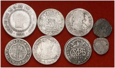 1 blanca, 1 croat, 2 (cinco) y 10 reales. Lote de 8 monedas españolas diferentes, siete en plata. A examinar. BC-/BC+.