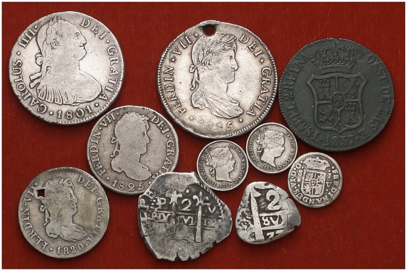 Carlos II a Isabel II. Lote de 10 monedas españolas, todas en plata excepto una,...