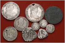 Carlos II a Isabel II. Lote de 10 monedas españolas, todas en plata excepto una, dos con perforación. BC/MBC-.