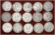 1870 a 1899. Gobierno Provisional a Alfonso XIII. 5 pesetas. Lote de 57 monedas. A examinar. BC/BC+.
