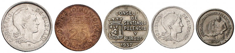 Lote de 5 monedas de la Guerra Civil: Euzkadi 1 y 2 pesetas, Ibi 25 céntimos y S...