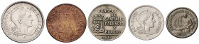 Lote de 5 monedas de la Guerra Civil: Euzkadi 1 y 2 pesetas, Ibi 25 céntimos y Santander, Palencia y Burgos 50 céntimos y 1 peseta. MBC-/EBC.