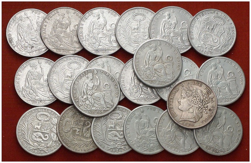 1880-1934. Perú. Lima. 5 pesetas y 1 sol (cincuenta y siete). AG. Total 58 moned...